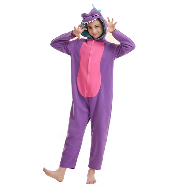 

2025 Animal Jumpsuit Purple Kids Dinosaur Costume Hooded Jurassic World Dino Onesie Costume Kids Girls Barney Halloween Cosplay