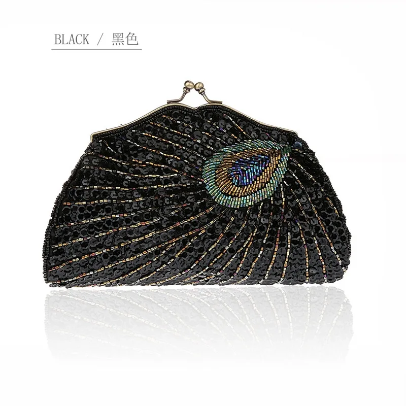 Vintage Women\'s Clutches Evening Bags with handle Peacock Pattern Sequins Beaded Bridal Clutch Purse luxury mini handbag  WY146