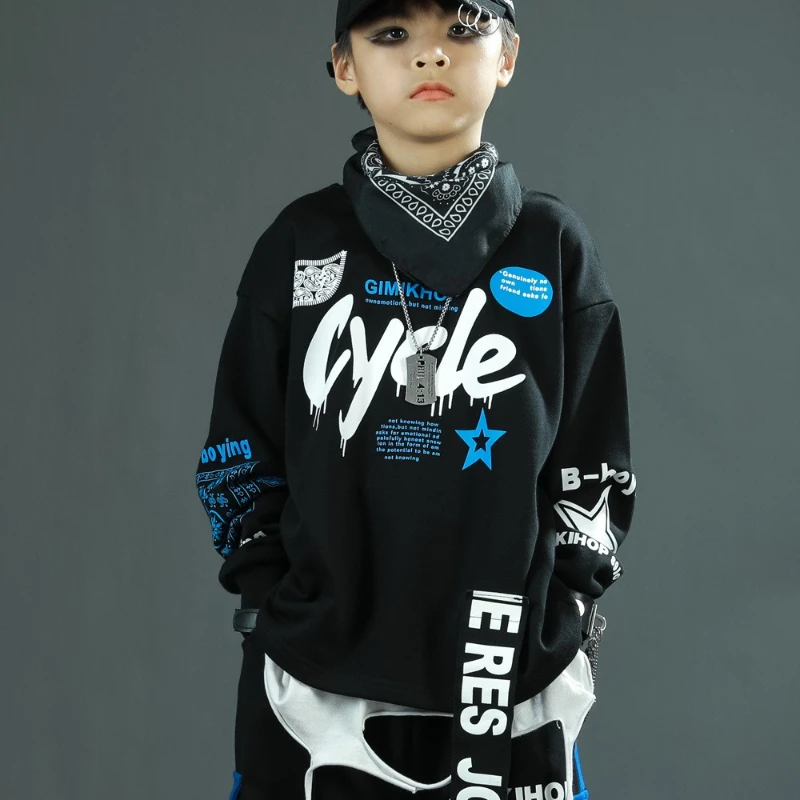 Neue Jungen Hip Hop Tanz Kleidung Set Schwarz Sweatshirt Casual Hosen Baggy Street Wear Gruppe Jazz Praxis Kleidung Leistung Anzug