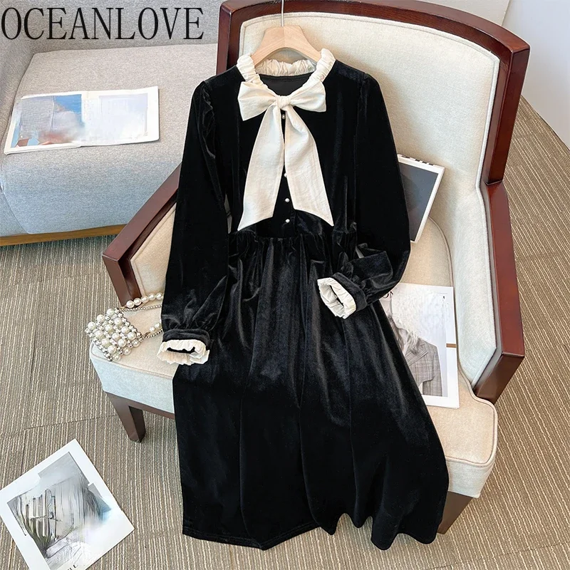 OCEANLOVE Velvet Long Dresses Bow Autumn Winter Vintage Elegant Vestidos Mujer Korean Fashon Ruffles Sweet Women Dress