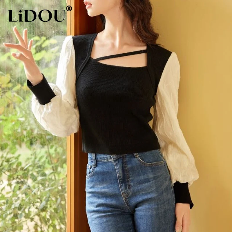 Spring Autumn French Style Square Neck Lace Patchwork Long Sleeve Knitting Pullovers Women Contrast Color Casual All-match Tops