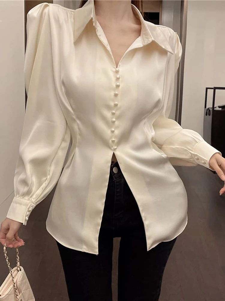 Zoki Women Back Bow Elegant Puff Sleeve Shirt Fashion Slim Office Lady Casual Blouse Korean Hollow Out Turn Down Collar Tops