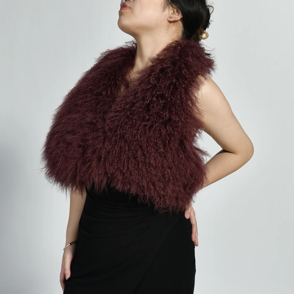 Jxwatcher Women's Real Mongolian Sheep Fur Backless Bandage Vest Ladies Spring Summer Fashion Fluffy Fur Halter Tops Streetwear
