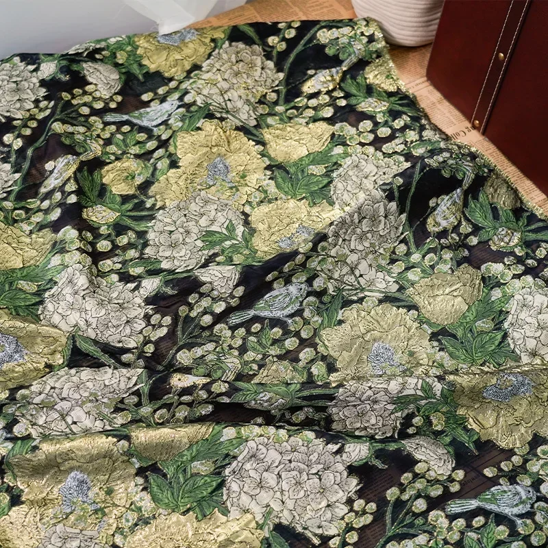 Gold Silk Flower and Bird Palace Style Jacquard Fabric Retro Hanfu Dress Diy Sewing Fabric