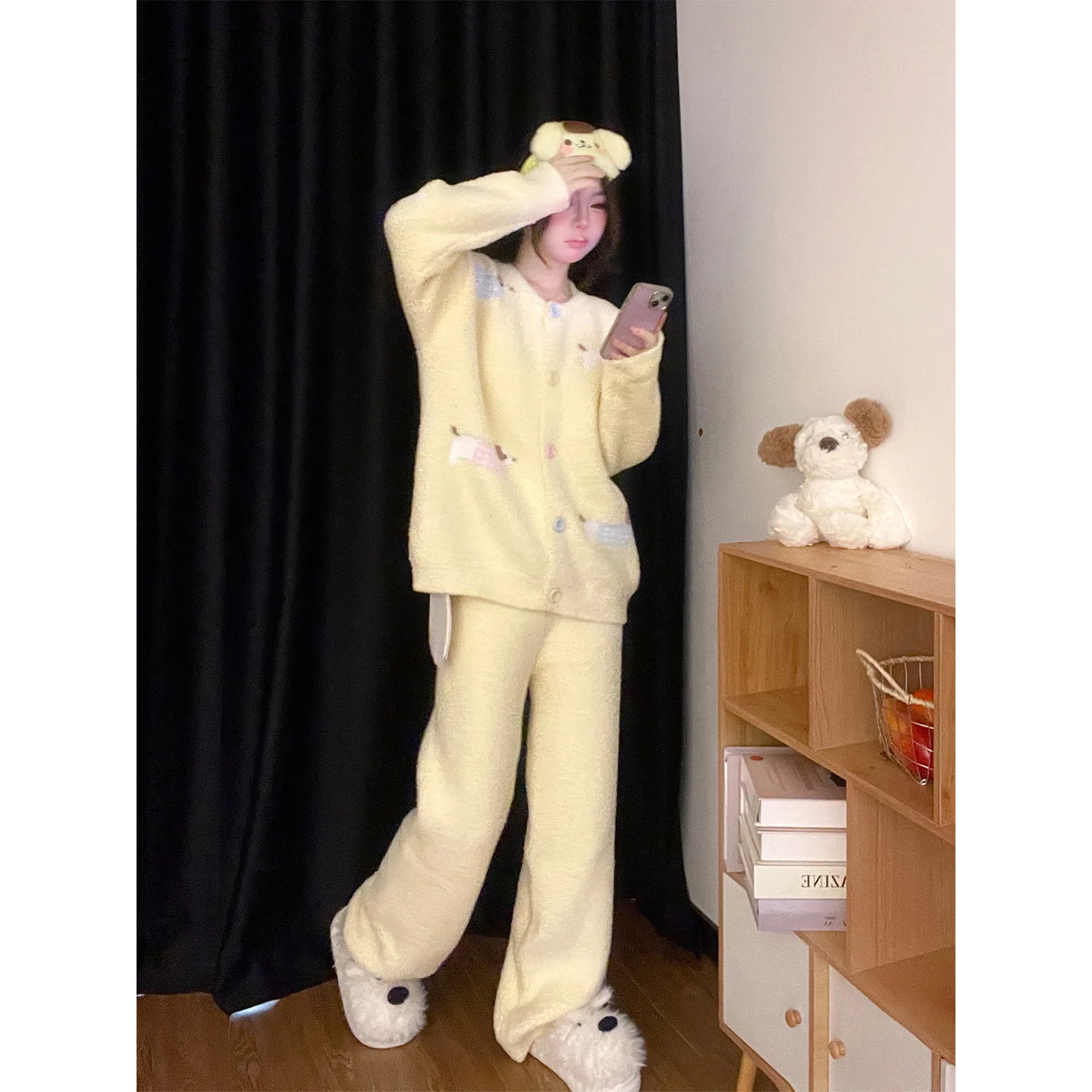 المرجان الصوف ملابس خاصة النساء شتاء دافئ أصفر سترة السراويل ملابس المنزل المرأة طالب الحلو المتسكعون منامة مجموعة