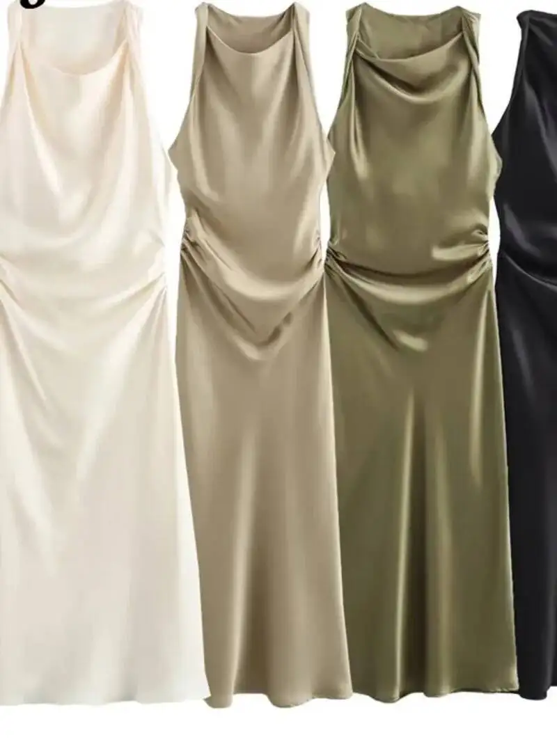 Satin Ruched Long Dresses For Women Sleeveless Summer Dress Woman Off Shoulder Party Womens Dresses Beach Female Dress