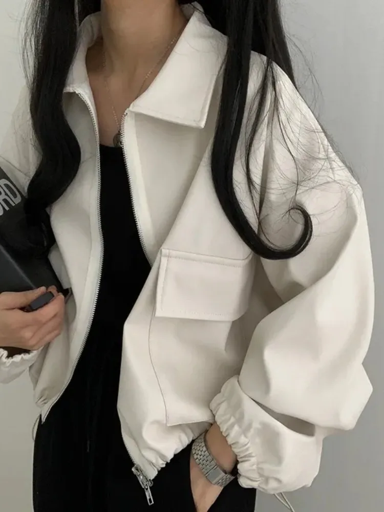 Chaqueta de Cuero Estilo Motero para Mujer, Nueva Colección Otoño, Cuello Alto, Doble Bolsillo, Cordón Ajustable, Estilo Urba...