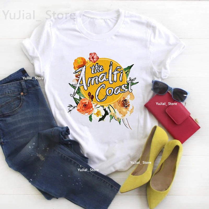 

The Amalfi Coast Flowers Graphic Print T Shirt Women Santorini Greece Greek Islands Hellenes Travel Tshirt Femme Summer Tops