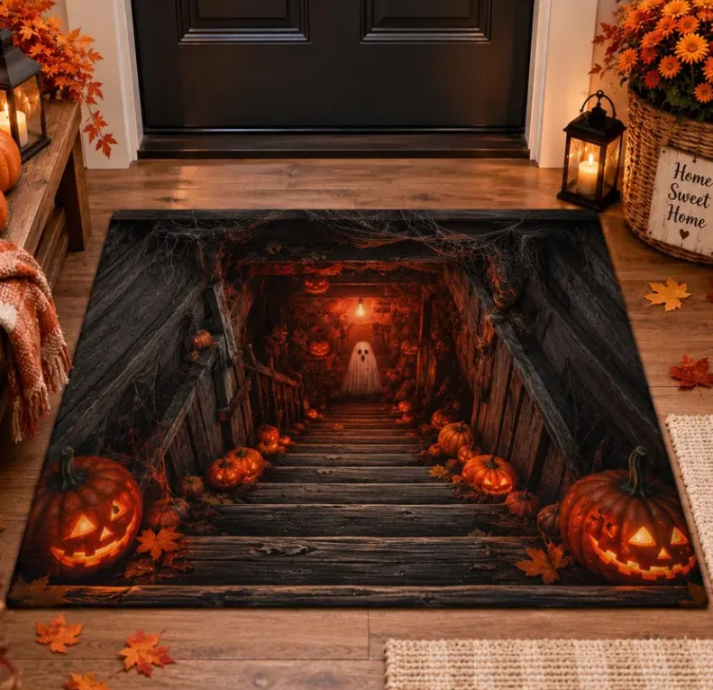 Halloween 2D Illusion Doormat, Haunted Basement Stairs Rug, Spooky Pumpkin Door Mat, Ghost Entryway Decor, Fall Porch Decor