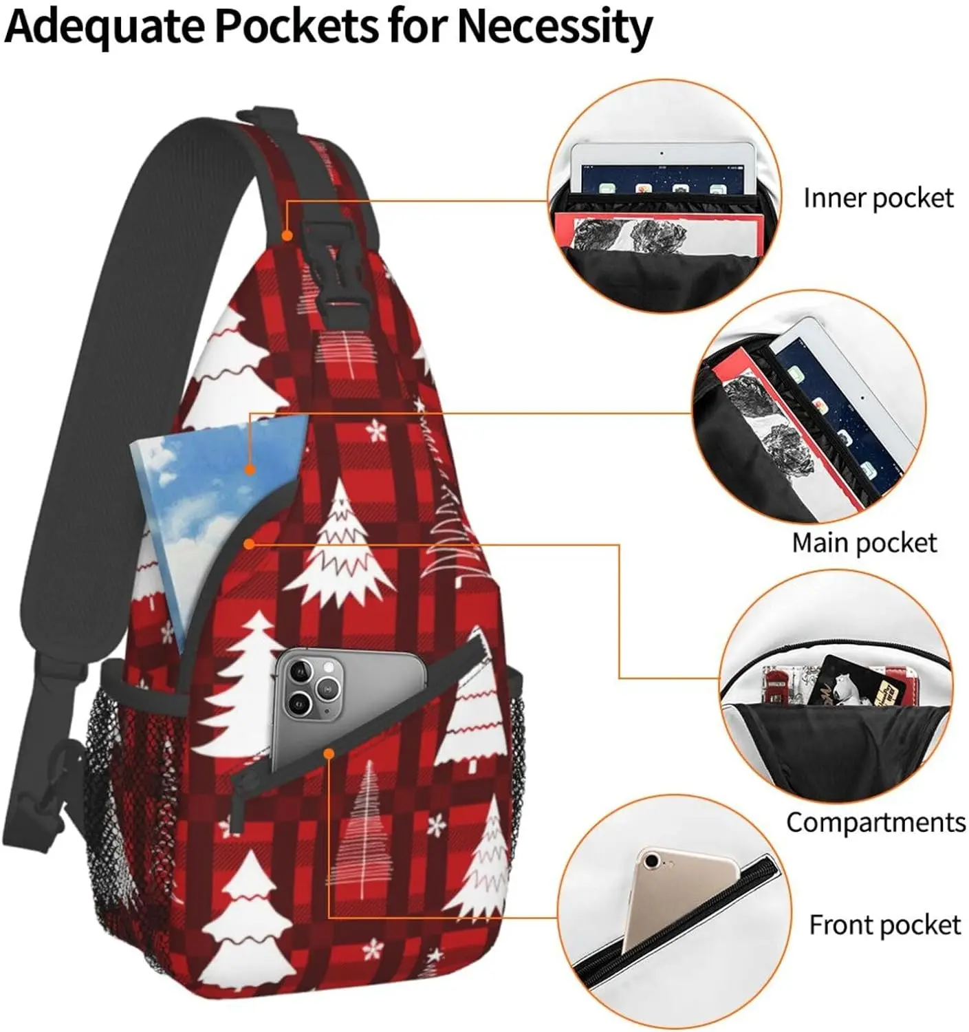 Red Christmas Tree Plaid Crossbody Sling Mochila, Xmas Snowaflake Peito Bag, mochila para caminhadas, viajando, ao ar livre