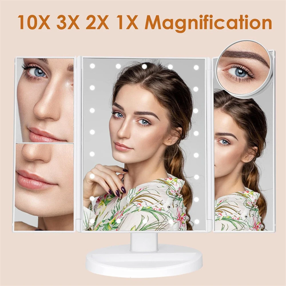 Bathroom Folding Makeup Mirror, 2X 3X Magnifying Glass with 10X Small Round Mirror, 22 LEDs Adjustable Lighting Portable Mirror view 4