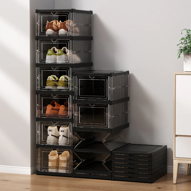 

1-layer Black Multifunctional Stackable Shoe Rack Foldable Transparent Plastic Shoe Box Household Storage Box For Various Items