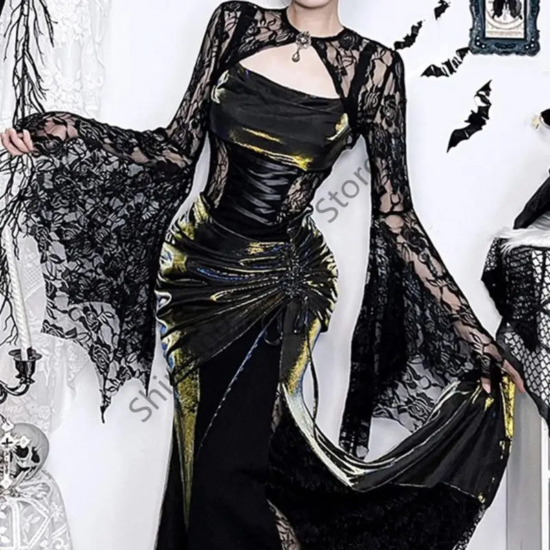 M68A القوطية الدانتيل أجنحة الخفاش كم غير المتكافئة هيم بلوزات الصيف خفيفة الوزن للنساء البوليستر بلوزة غير رسمية #4