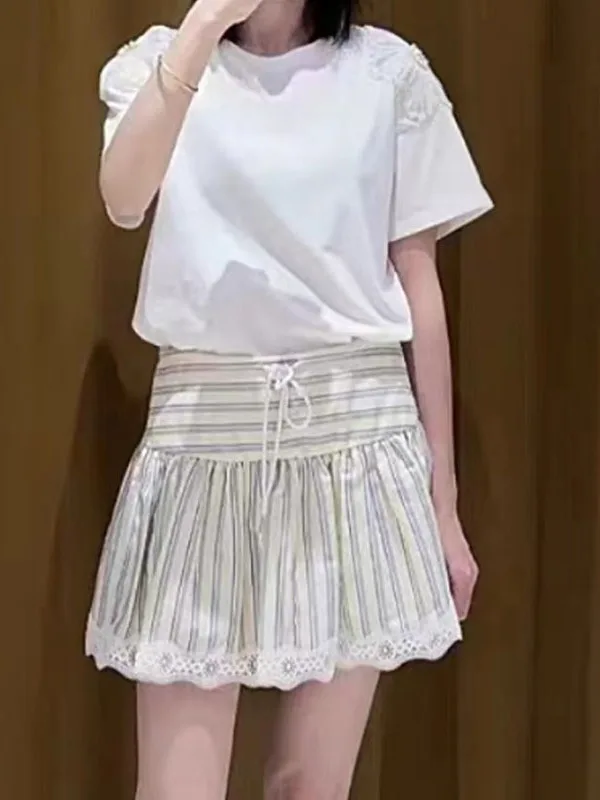 

Sweet Floral oulder Decoration round Ne T-irt Quali S Home Summer Cotton Top ort Sve Cute Sle DBNY Multi-Funct...