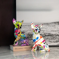 Resin Graffiti Dog Statue Chihuahua Sculpture Figurines Painting Colorful Art Animals Crafts Decor for Interior Home Desktop
