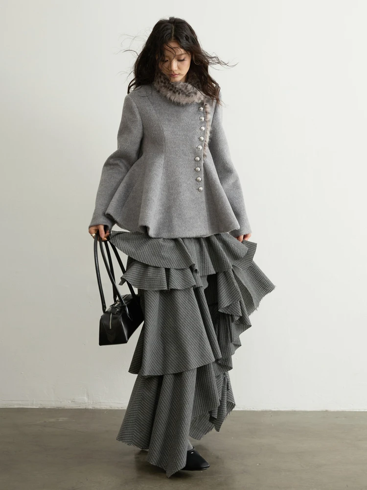 

Ele ey Woolen ort Jaet with Fur Collar Slanted Button Closure Leopard Print for Women Autumn Winter Faion Outerwear