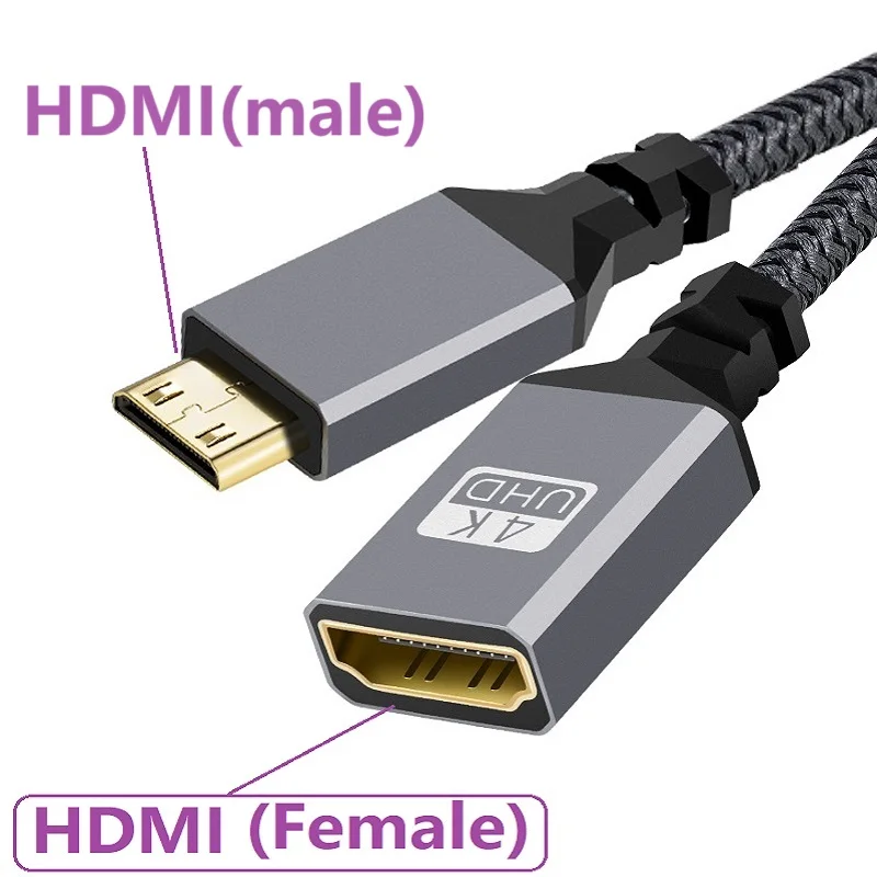 20CM 4K@60HZ Nylon Braid Gold HD V2.0 MINI MICRO HDMI Cable  Male To HDMI Fmale Extension Cable For HDTV PS4 Projector