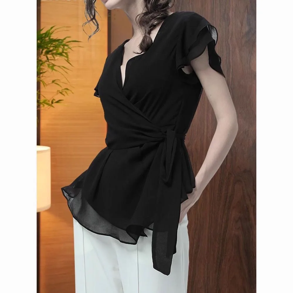 

Women's V-neck Puff Sleeve Shirt Waist-cinching Chiffon Top Summer New Design Sensation Bell Bottoms Fashionable Commute Style