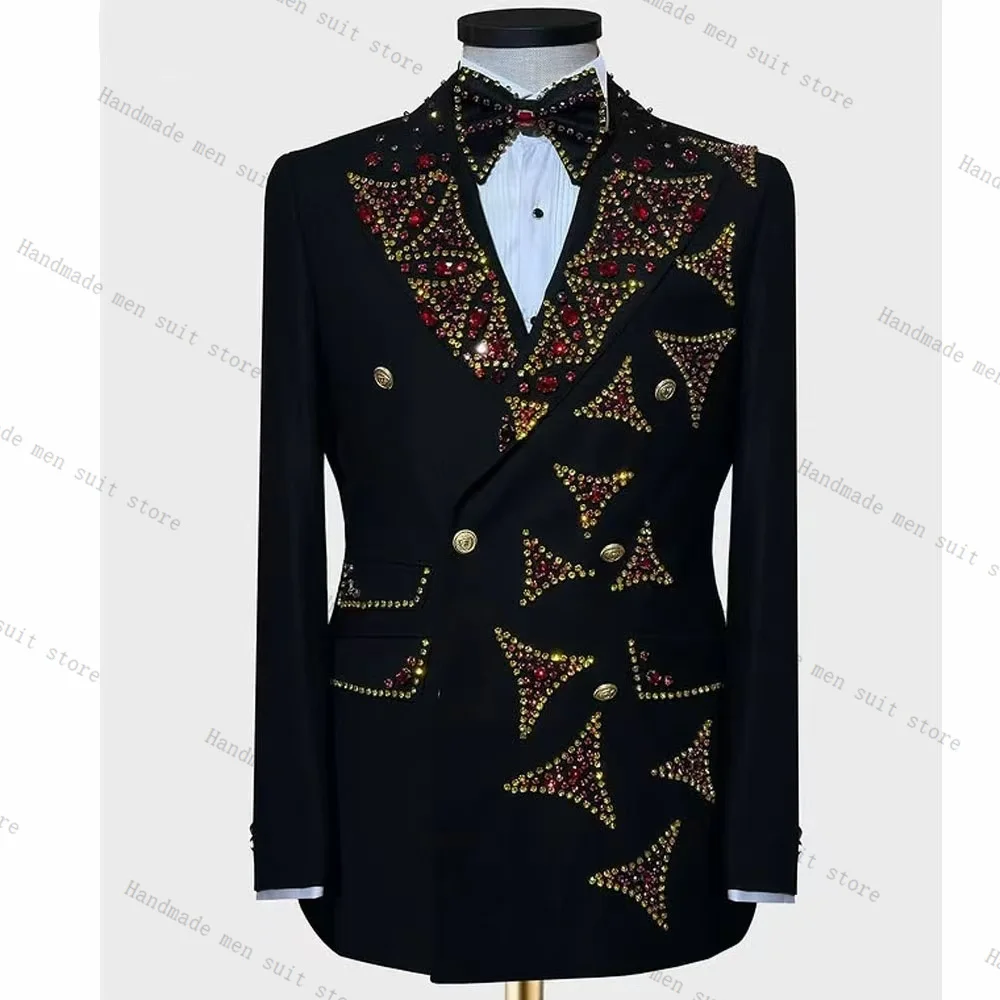 

Luxury Crystals Men Suit Set 2 Piece Black Blazer+Cotton Pants Wedding Tuxedos Coat Customized Formal Office Business Jacket