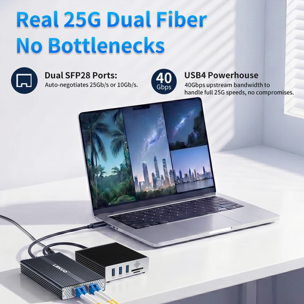 USB4 to Dual 25G SFP28 Network Adapter 40Gbps Compatible Thunderbolt 5 3 4, Aluminum Case for Mac Win11 Linux 4K Video Editing