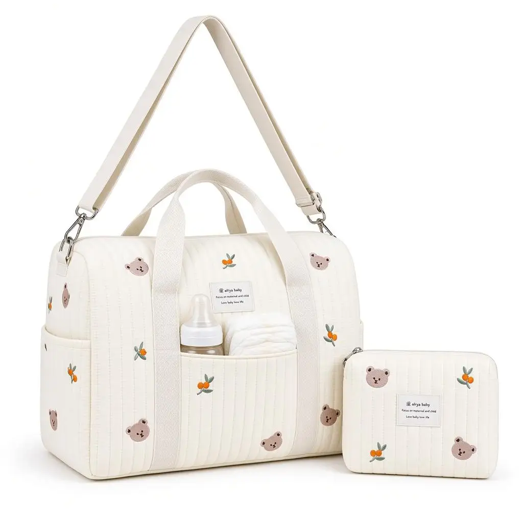 Quilted Diaper Bags, 40cm Embroidery Stylish Diaper Tote, Travel Shoulder Luggage Bag,hospital Bag for Mom and Baby,Overnight Travel Handbag for  Mom Dad Everyday Use, Travel Essential