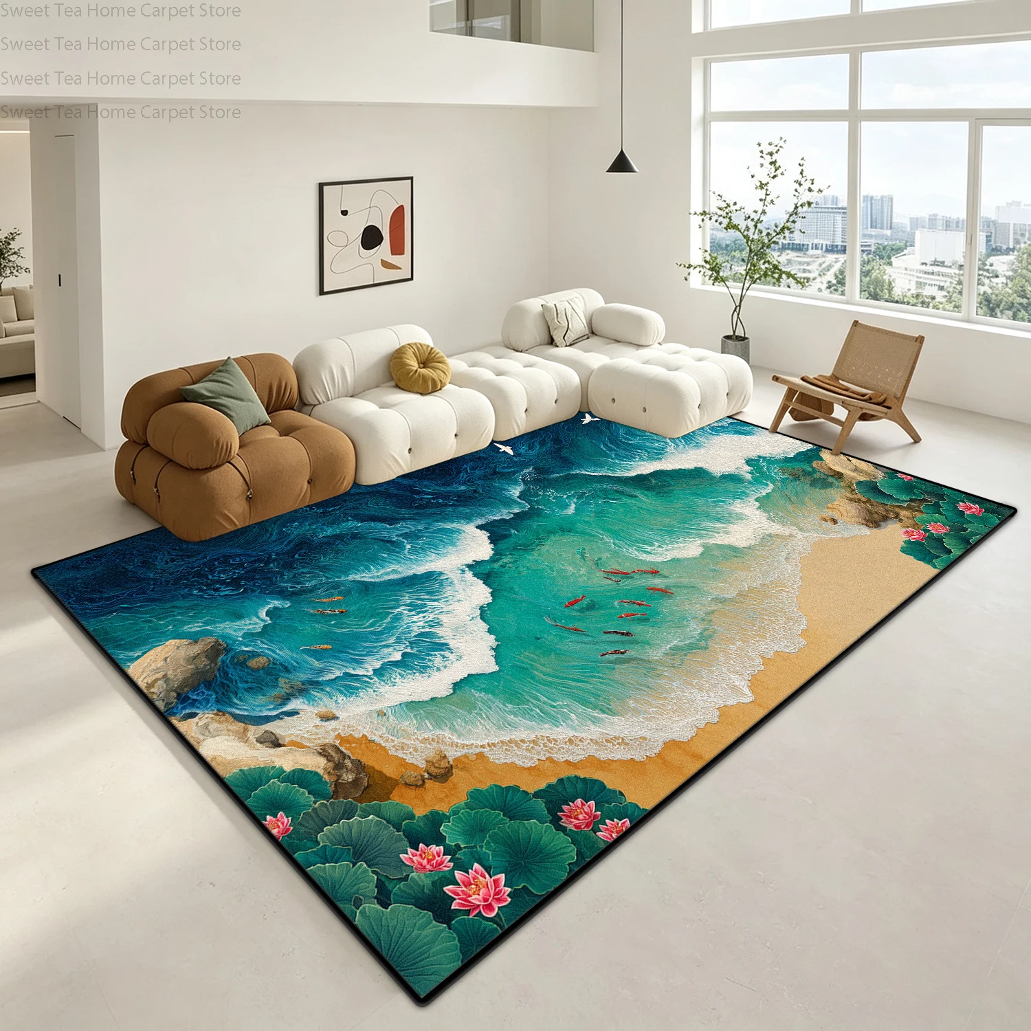 

3D Ocean Koi Fish Lotus Lounge Floor Mats Decorative Living Room Bedroom Non-Slip Washable Carpe Soft Fluffy Kitchen Area Rug