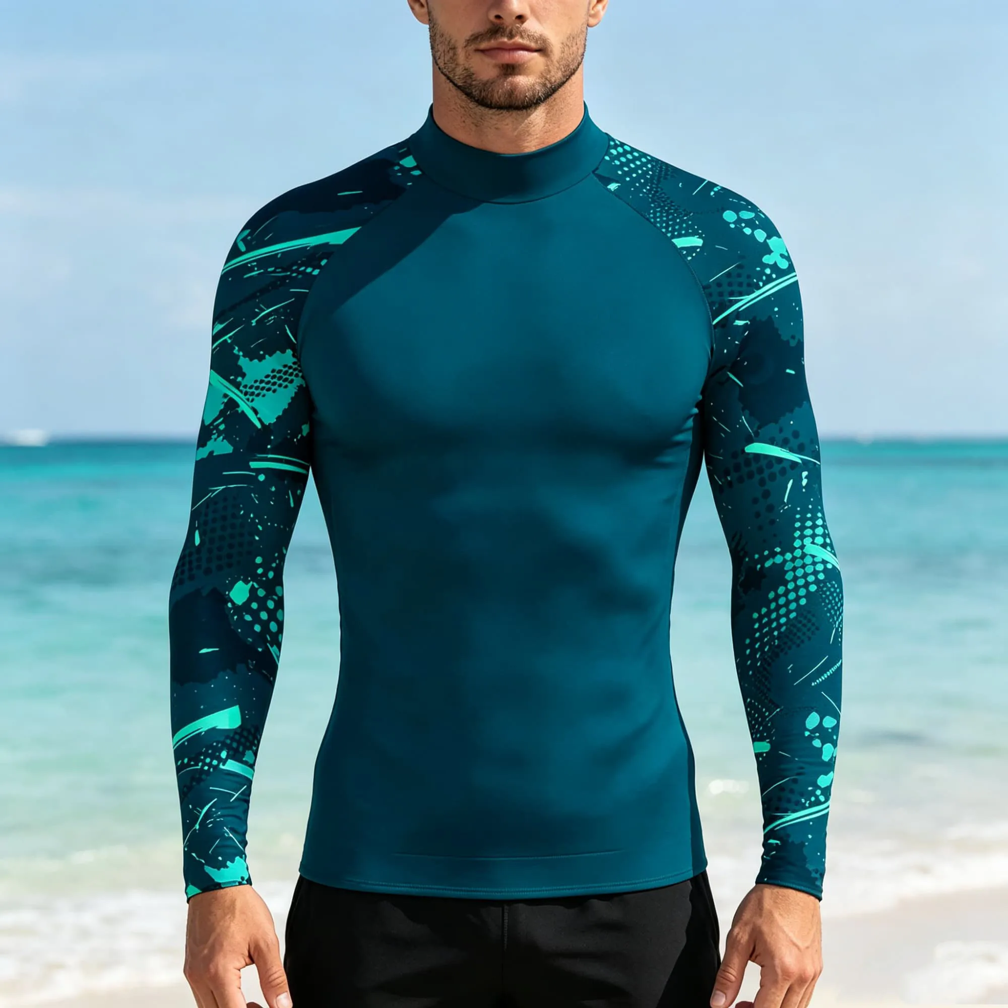Outdoor Water Sports Men Long Sleeve T‑Shirt Spliced Abstract Graffiti Print Quick Dry Breathable Swimming Pullover Shirts