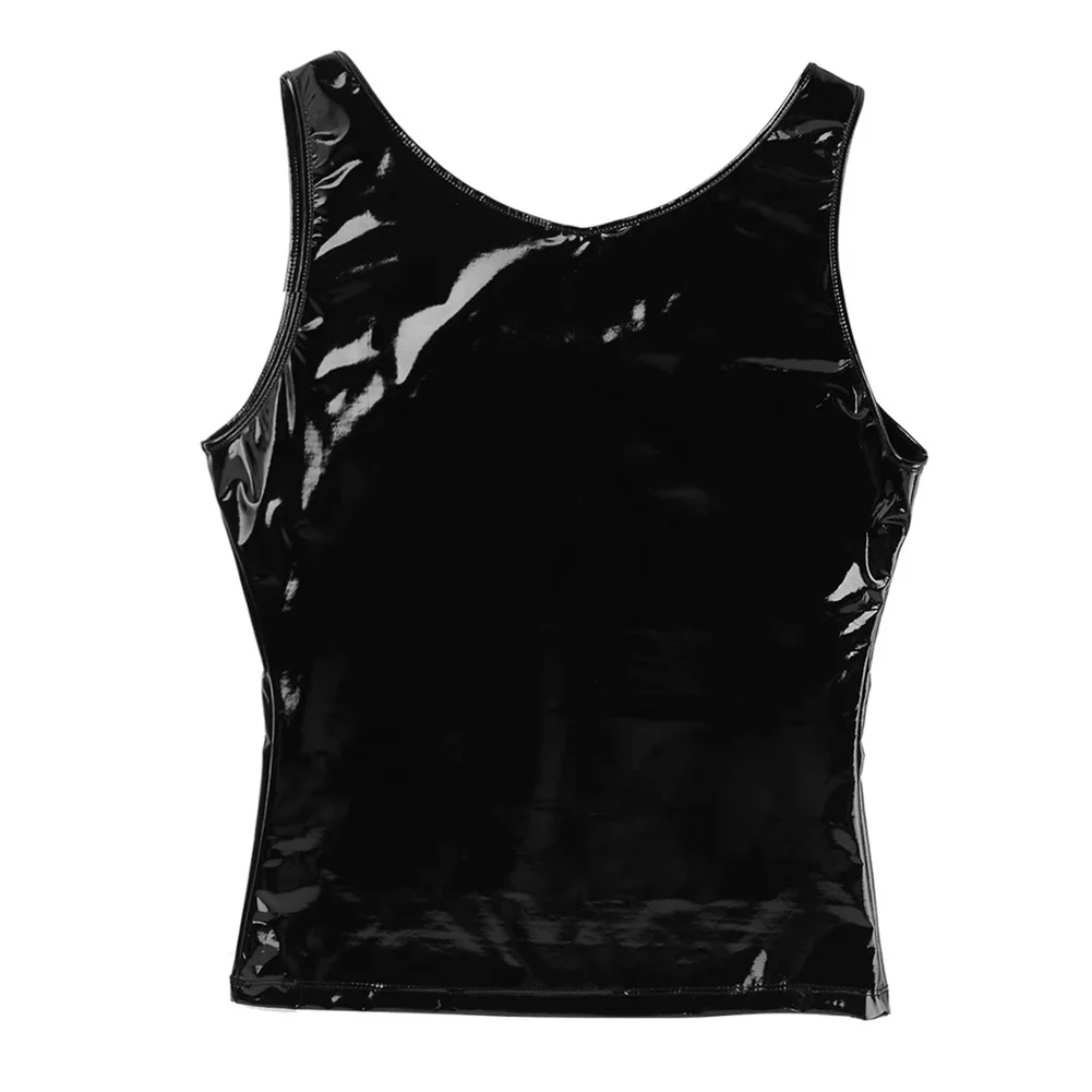 Men\'s Wet Look PVC Patent Leather Tank Vest Undershirt Tank Tops Round Neck Sleeveless T-Shirt Tops For Man