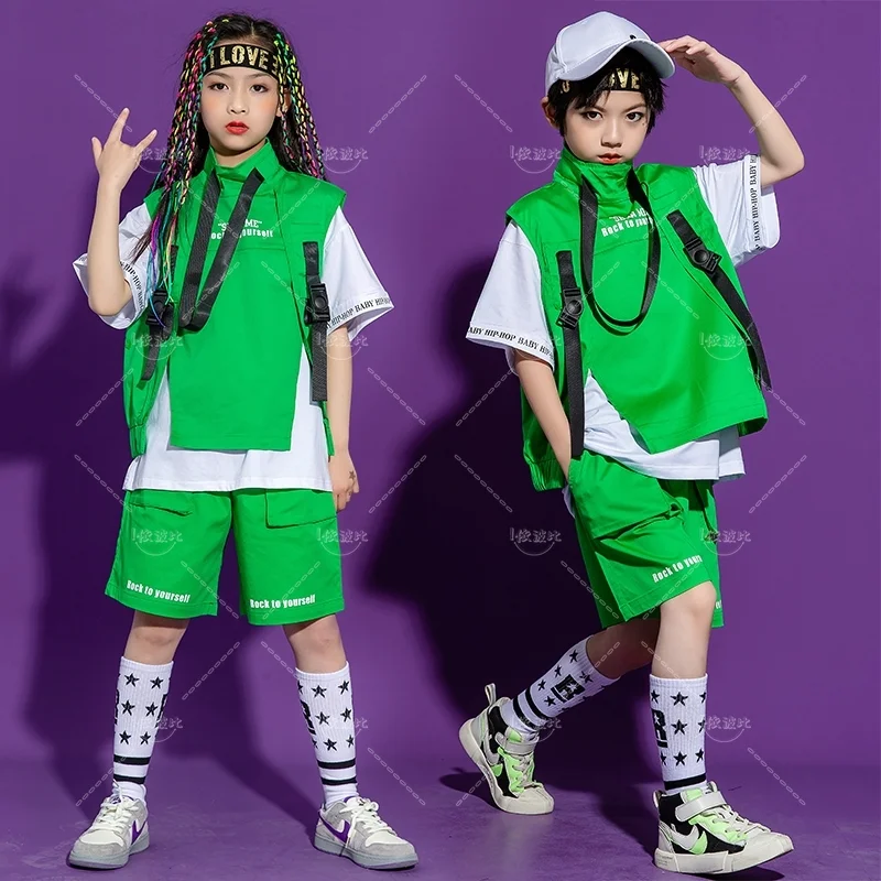 Verde Hip Hop Roupas menina, manga curta T-shirt, gola alta regata, Shorts Jazz, Roupa de Dança, Novo