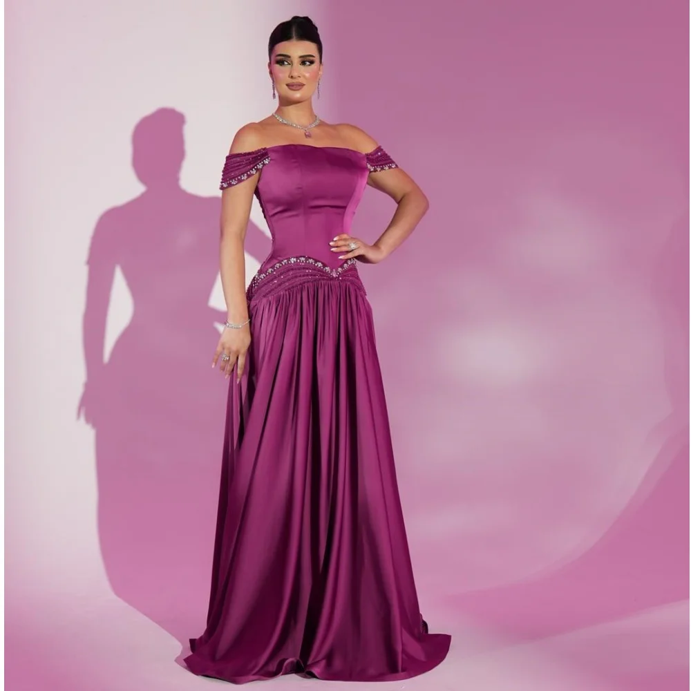 Eleganckie fioletowe suknie wieczorowe z odkrytymi ramionami, satynowe Vestido de Noche, szyte na miarę, zdobione koralikami, długość do podłogi, suknie na bal maturalny.