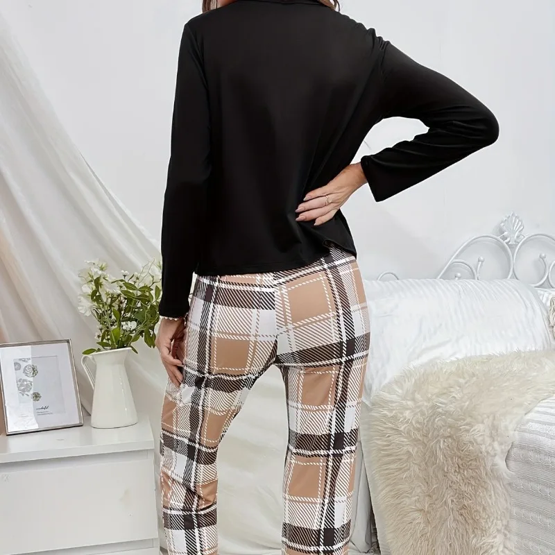 Conjunto de pijama de otoño para mujer, Top de manga larga con oso, pantalones a cuadros