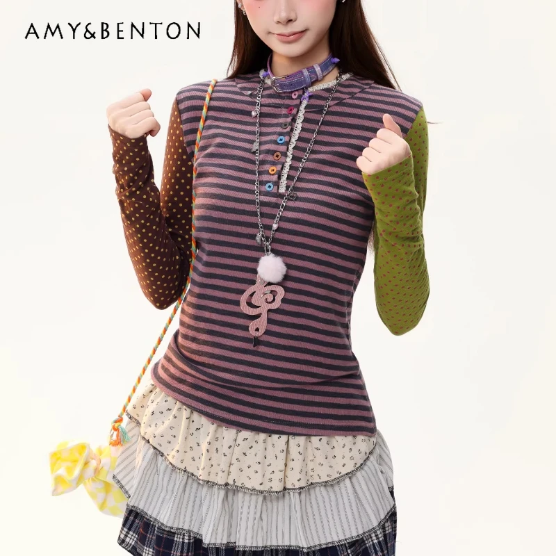 

American Retro Polka Dot Splicing Long Sleeve Women's T-Shirt Spring New Hot Girl Striped Colorful Button Bottoming Shirt Ladies