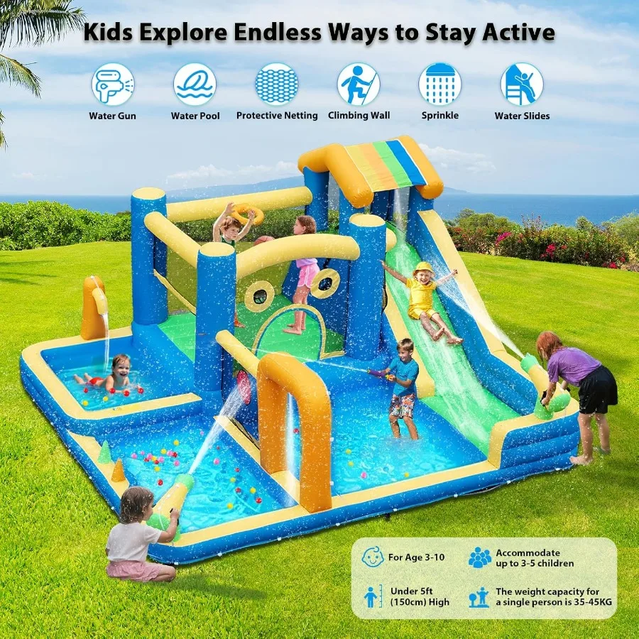 Glissière d'eau gonflable 10 en 1 pour maison de rebond, pour parc aquatique avec ventilateur, pistolet à eau, cercle de saut, Baske mural d'escalade
