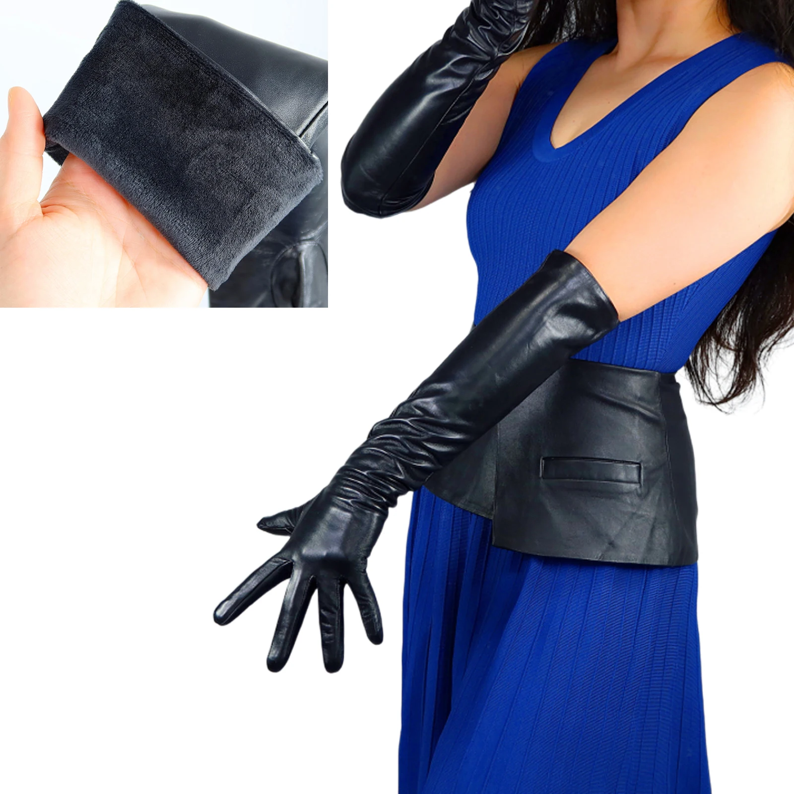 Winter Warm GLOVES ULTRA WARM Long Leather Gloves REAL LEATHER TECH Black 50cm Over Elbow Slim fit Genuine Lambskin 3M Lining