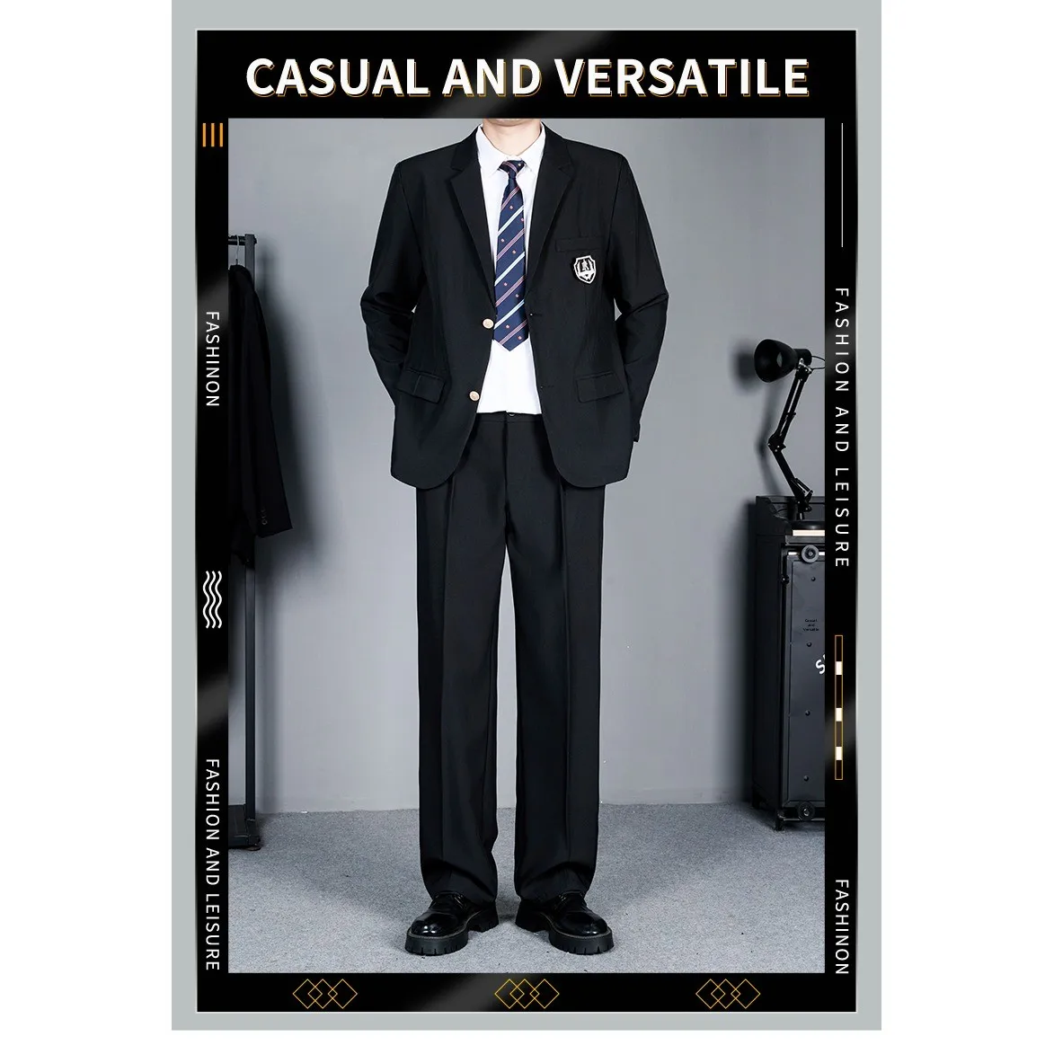 Youthful Student Uniform Suit Male Version Padded Shoulder Badge Business Style Outerwear Polyester Fiber Slim Fit Winter Coat