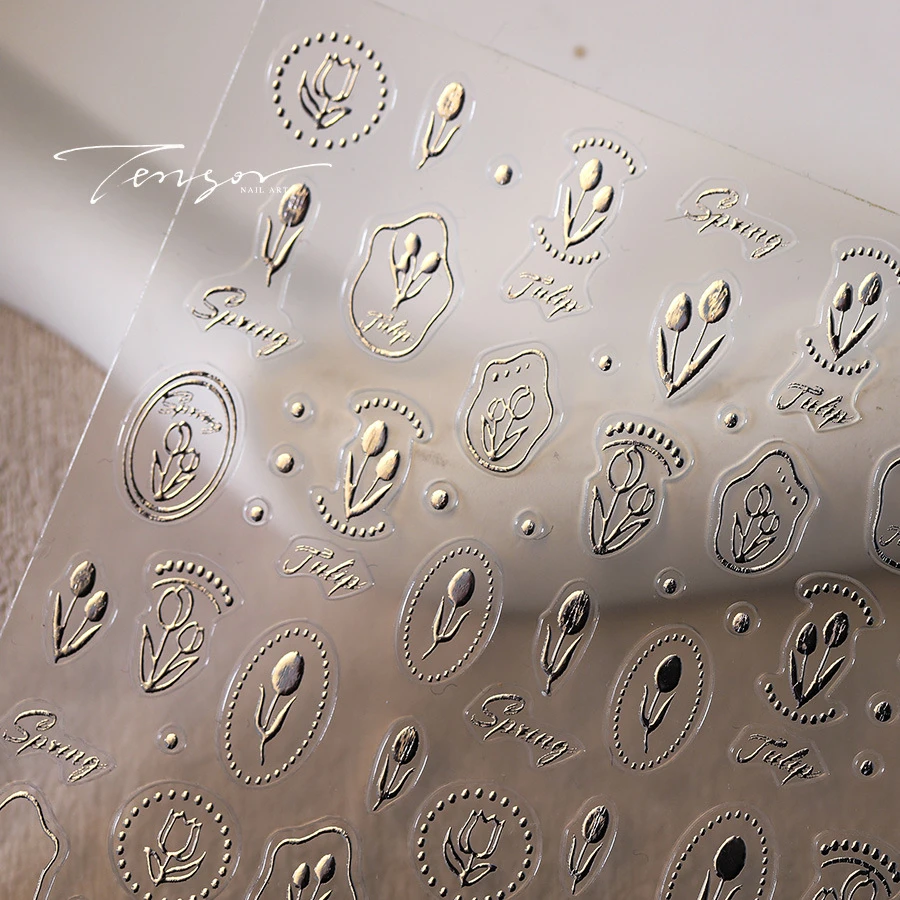 Laser Gold Stamping Silver Tulips Spring 3D Self Adhesive Nail Art Stickers Flowers Stamp 5D Embossed Reliefs Manicure Decals