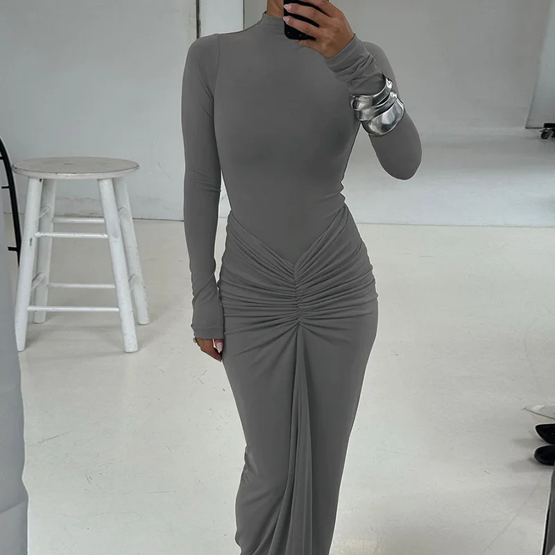 Women Casual Long Sleeve Slim Fit Party Dress Elegant Hight Waist Solid Maxi Dress Fashion Half Open Collar Pleated Long Dresses image 3