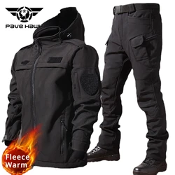 Outdoor Multi Pocket Tactical Set Men Waterproof Soft Shell Jacket Windproof Wear-resisting Fleece Pants Hiking Hunting Sets