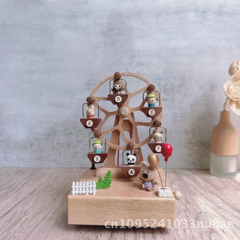 Mechanical Coil Animal Ferris Wheel Music Box Wooden Craft for Children Boys & Girls Rotating Wheel Gift