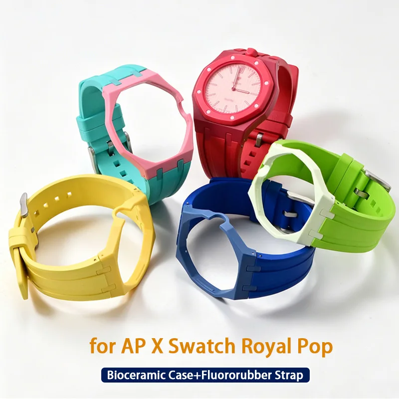 Case + Strap for AP X Swatch Royal Pop Pocket Watch Changer to Bioceramics Bezel FKM Fluoro Rubber Wrist Band Watch Accessories