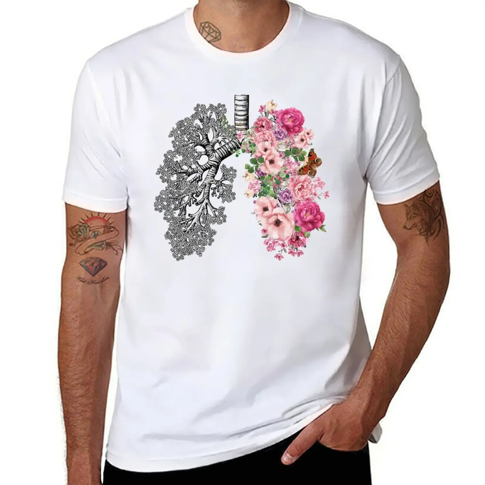 

lungs cancer awareness, bloom pink roses, anatomy, watercolor T-Shirt t shirts for man slim fit men t shirt cotton 100% T-Shirt