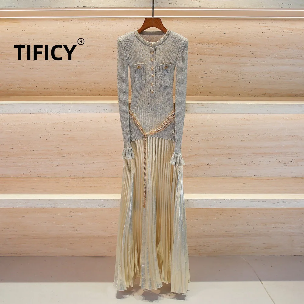High-Street Strick-Langarmkleid für Damen, Herbst und Winter Französischer Stil Langes Tailliertes Strickkleid im Streetwear-Look