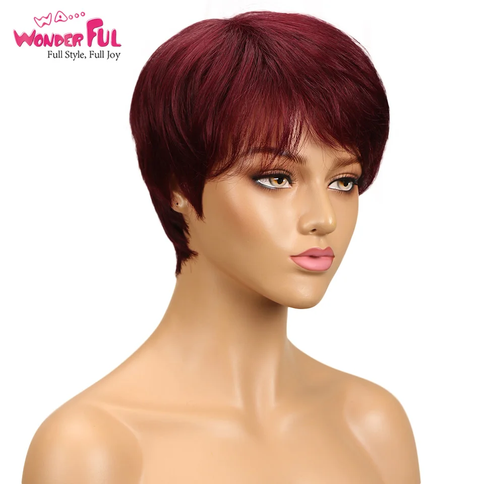 Wonderful Red Burgundy 99J Color Short Bob Pixie Cut Wig With Bangs Straight Remy Human Hair Wigs For Women Machine Made Wigs