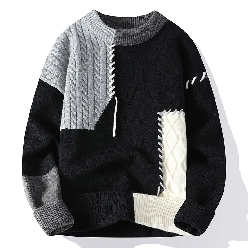 Korean Fashion Autumn Winter Sweaters Men O-Neck Contrast Color Asymmetrical Young Style Trend Long Sleeve Knitted Pullovers Top