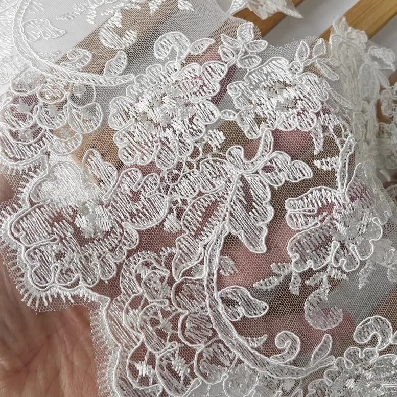 White Gauze Bone Thread Embroidery Lace Accessories Fine Skirt Garment Hem Decorative Fabric 36cm Wide