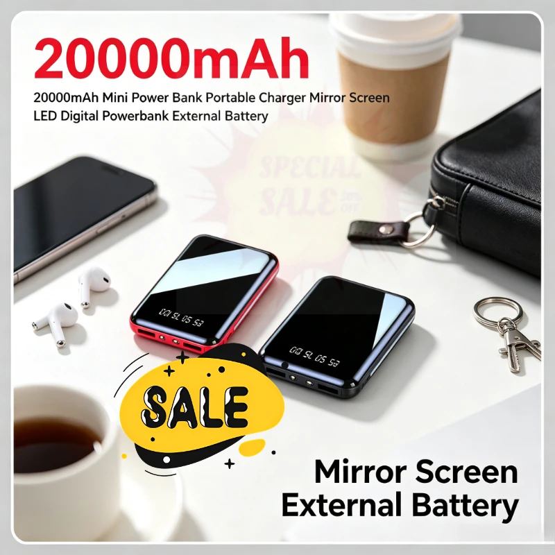 Power Bank 20000mAh Mini Portable Charger, LED Digital Mirror Screen External Battery Powerbank for iPhone Xiaomi Huawei Samsung