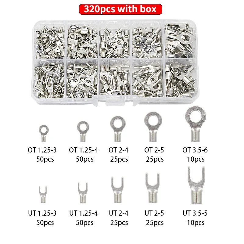 320PCS Non-Insulated Ring Terminals & Fork Electric Wire Connectors, AWG 22-16 16-14 12-10 Tinned Pure Copper Wire Lugs Battery
