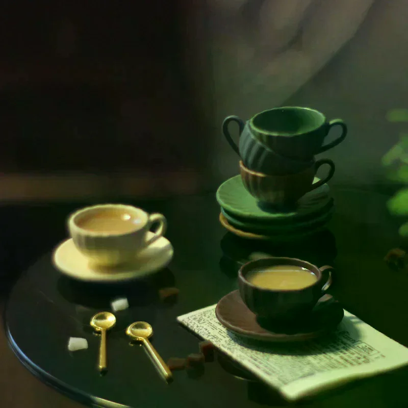 2Pcs Dollhouse Miniature Dining Ware Mini Vertical Pattern Coffee Cup Plate Set Toy Model Doll House Accessories