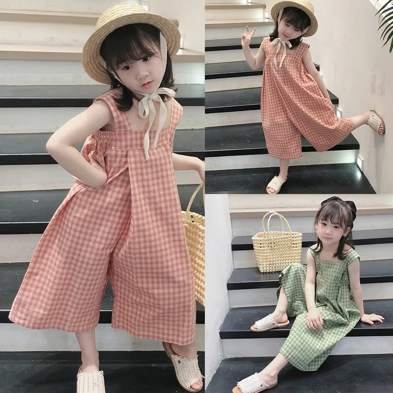 3-8T Girls Summer Jumpsuit Sweet Jumpsuits Plaid Sling Square Collar Overall Fashion Wide Leg Pants Baby Kids Clothes Streetwear