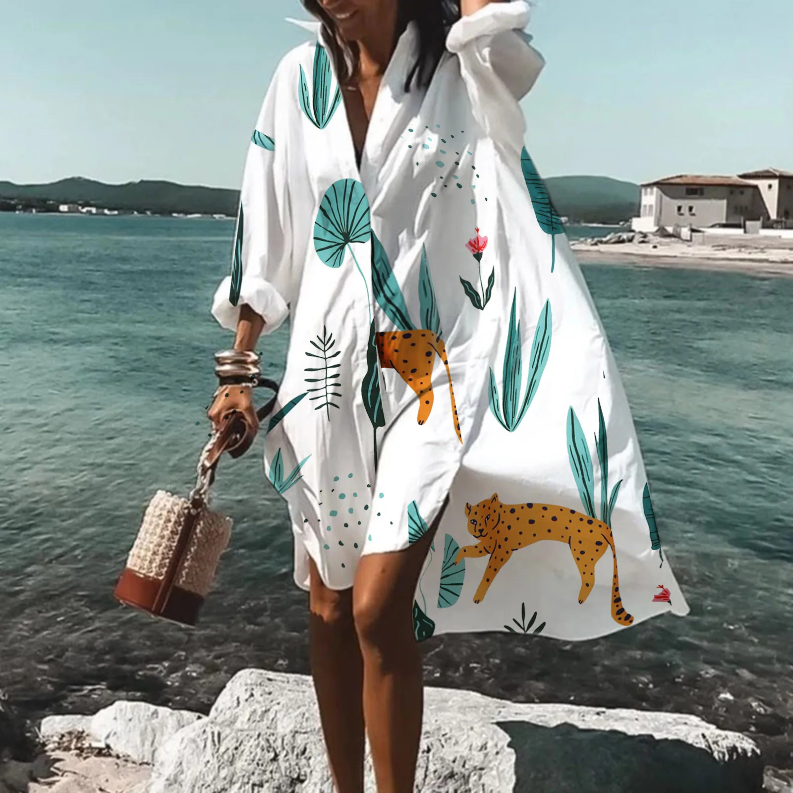 Plus Size Beach Shirt Dress Women Print V-Neck Long Sleeve Loose Dress Bohemian Beach Party Dresses  Fashion Elegant Midi Dress